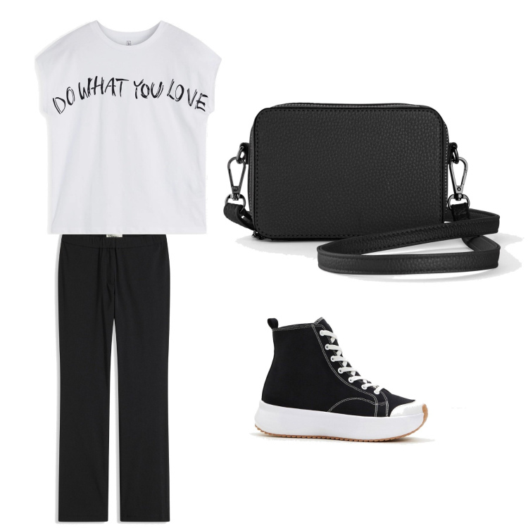 Outfit donna - Aperitivo. Stile Trendy per Tutti i giorni. Abbinamento con maglieria, pantaloni, borse a tracolla, sneakers alte.