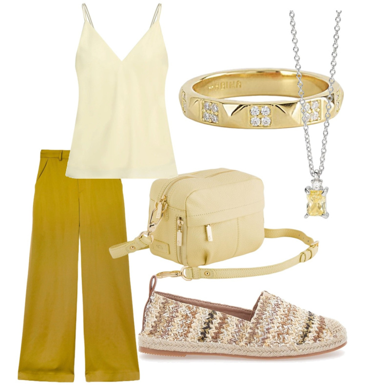 Outfit donna - Giallo burro. Stile Casual per Tutti i giorni. Abbinamento con top, anelli, collane, espadrillas, borse a tracolla, pantaloni a palazzo.