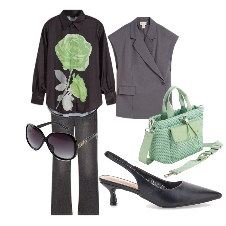 Outfit donna - Rose and Leaves. Stile Casual chic per Ufficio. Abbinamento con jeans bootcut, occhiali da sole, camicie, gilet, décolleté, borse a mano.