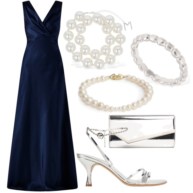 Outfit donna - Gran Gala\'. Stile Chic per Cerimonia. Abbinamento con sandali in pelle, vestiti lunghi, anelli, pochette, collane, braccialetti.