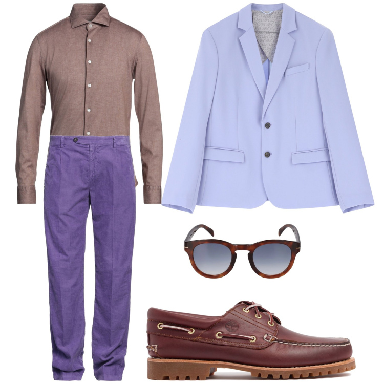 Outfit uomo - Viola e marrone. Stile Urban per Ufficio. Abbinamento con pantaloni, camicie, giacche, occhiali da sole, scarpe stringate.