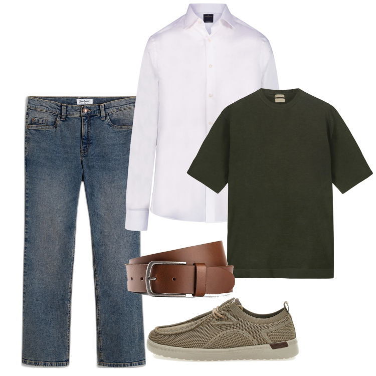 Outfit uomo - Casual. Stile Casual per Tutti i giorni. Abbinamento con cinture, jeans bootcut, camicie, scarpe stringate, t-shirt.