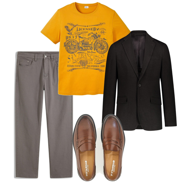 Outfit uomo - Aprile. Stile Casual per Tutti i giorni. Abbinamento con pantaloni, t-shirt, scarpe stringate, giacche.