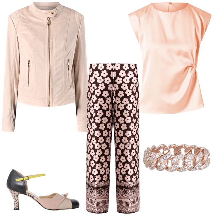 Outfit donna - Rosa cipria. Stile Casual chic per Serata fuori. Abbinamento con pantaloni a palazzo, blazer, top, anelli, décolleté.