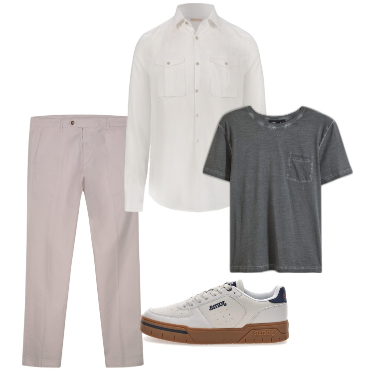 Outfit uomo - Cipria. Stile Casual per Tutti i giorni. Abbinamento con t-shirt, camicie, pantaloni chino, sneakers.