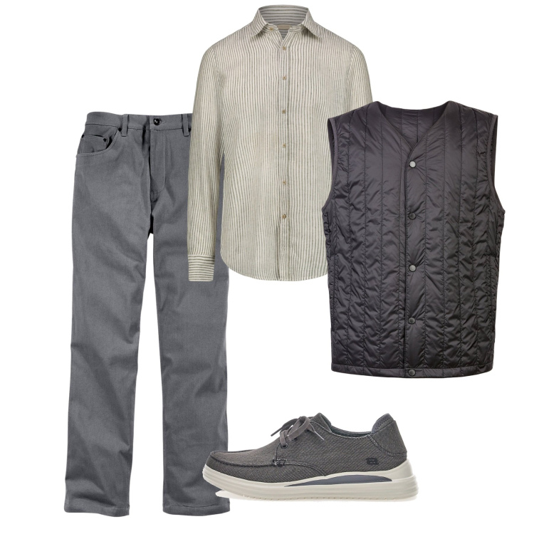 Outfit uomo - Lo smanicato. Stile Casual per Tutti i giorni. Abbinamento con pantaloni, piumini, scarpe stringate, camicie.