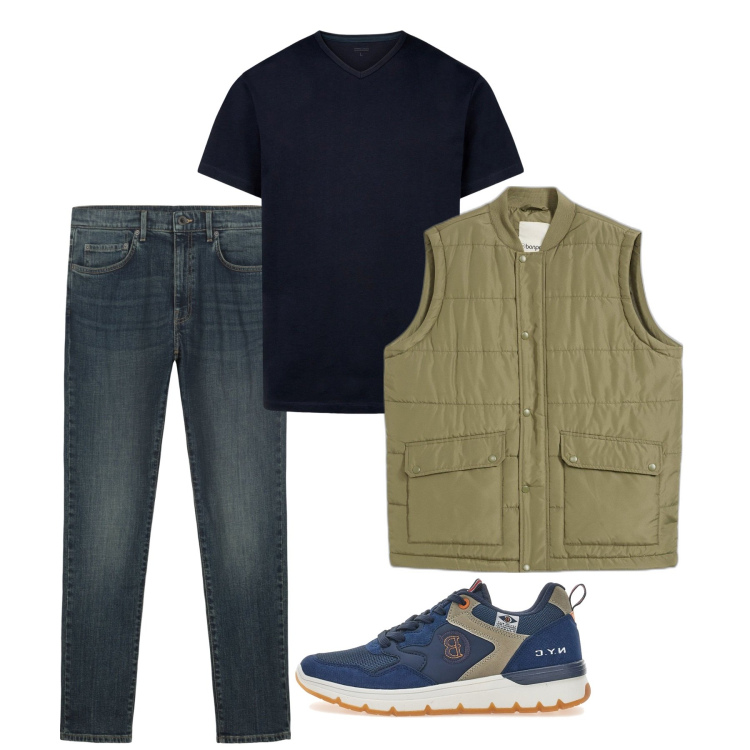 Outfit uomo - Pomeriggio. Stile Casual per Tutti i giorni. Abbinamento con gilet, sneakers, t-shirt, jeans.