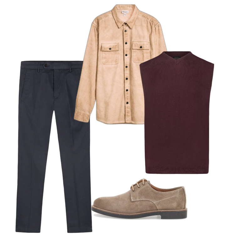 Outfit uomo - Tinte accattivanti. Stile Casual per Serata speciale. Abbinamento con camicie, scarpe stringate, gilet, pantaloni chino.