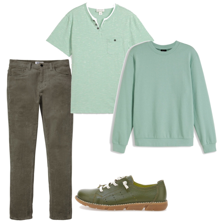 Outfit uomo - Verde primavera. Stile Casual per Tutti i giorni. Abbinamento con t-shirt, pantaloni, felpe, sneakers.