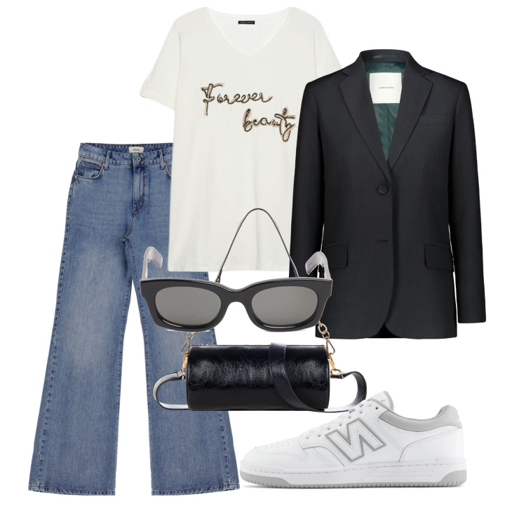 Outfit donna - Aprile. Stile Trendy per Tutti i giorni. Abbinamento con sneakers, borse a mano, jeans, blazer, t-shirt, occhiali da sole.