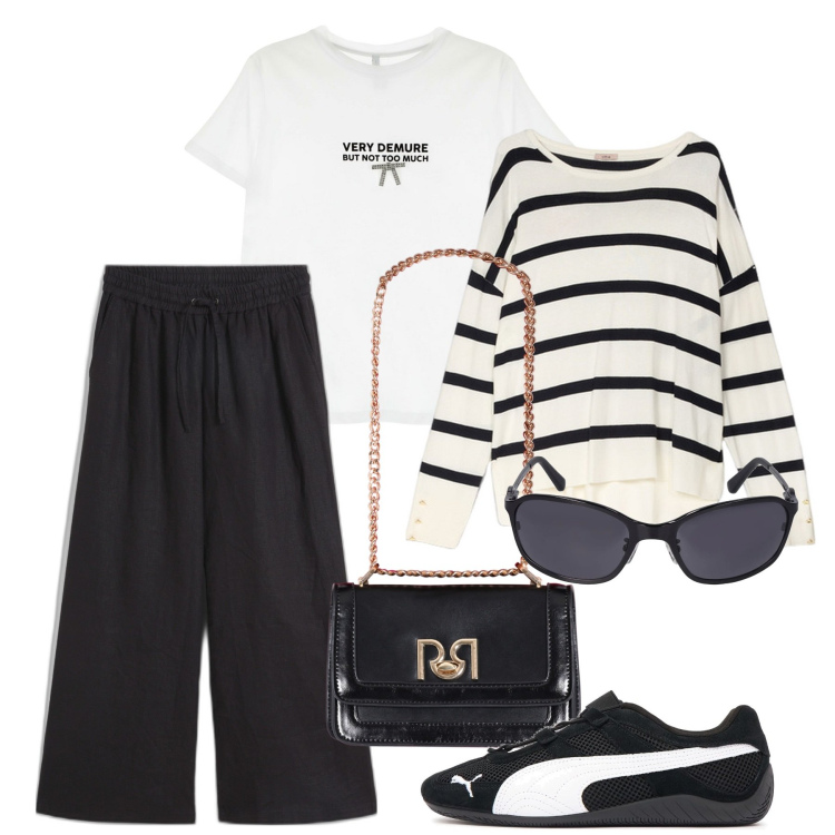 Outfit donna - Righe. Stile Trendy per Tutti i giorni. Abbinamento con pantaloni a palazzo, borse a tracolla, t-shirt, maglieria, occhiali da sole, sneakers.