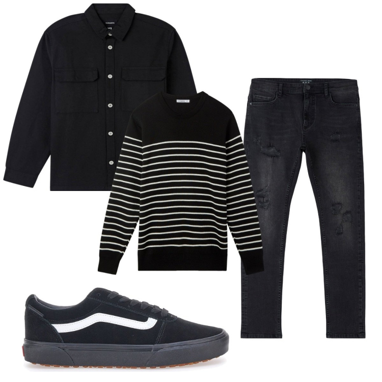 Outfit uomo - Total look #2099083. Stile Urban per Tutti i giorni. Abbinamento con cappotti, jeans strappati, maglieria, sneakers.