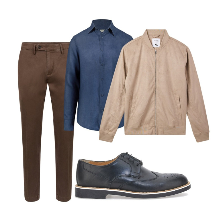 Outfit uomo - Il blu con il marrone. Stile Trendy per Tutti i giorni. Abbinamento con bomber, scarpe stringate, pantaloni chino, camicie.