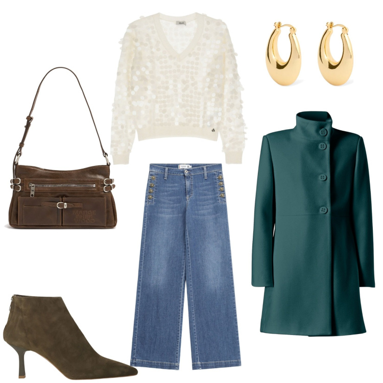 Outfit donna - Total look #2099095. Stile Casual chic per Ufficio. Abbinamento con cappotti, jeans a zampa, stivaletti, maglieria, orecchini, borse a spalla.