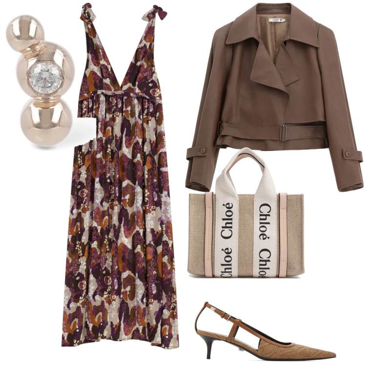 Outfit donna - Aperitivo semi estivo. Stile Glamour per Serata fuori. Abbinamento con blazer, vestiti lunghi, décolleté, borse a mano, orecchini.