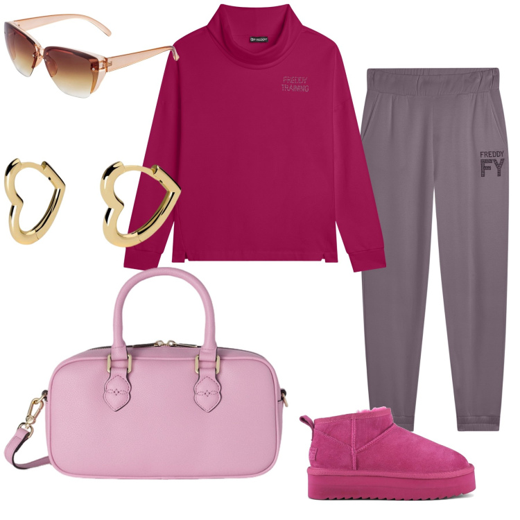 Outfit donna - Sbalzi meteo di primavera. Stile Basic per Tutti i giorni. Abbinamento con occhiali da sole, orecchini, felpe, pantaloni, stivaletti, borse a mano.