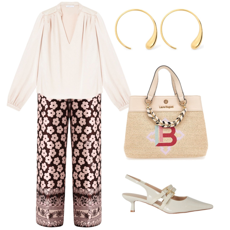 Outfit donna - Pantaloni originali. Stile Urban per Ufficio. Abbinamento con pantaloni a palazzo, bluse, borse a mano, orecchini, décolleté.