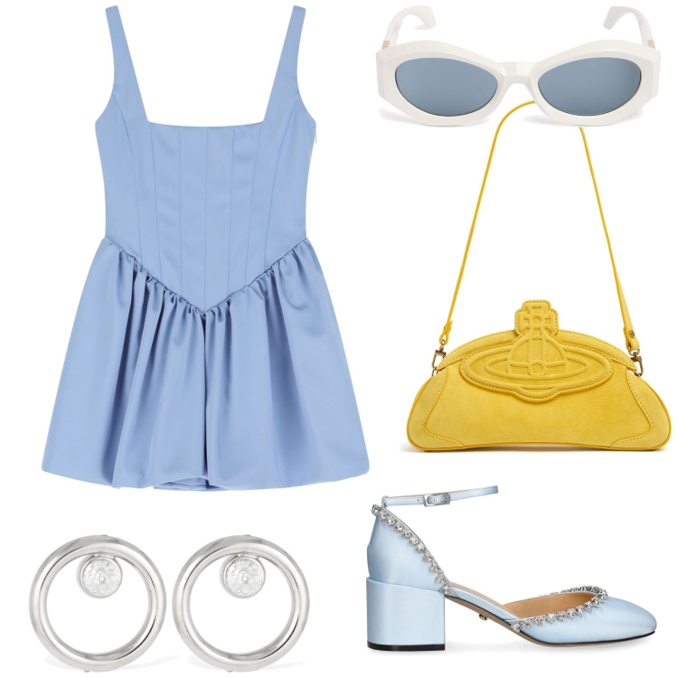 Outfit donna - Il giallo che rischiara. Stile Glamour per Serata fuori. Abbinamento con vestiti corti, orecchini, occhiali da sole, clutch, décolleté.