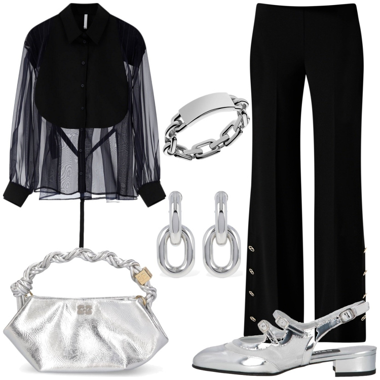 Outfit donna - Mary Jane by night. Stile Glamour per Serata fuori. Abbinamento con ballerine, pantaloni a palazzo, camicie, anelli, orecchini, borse a mano.