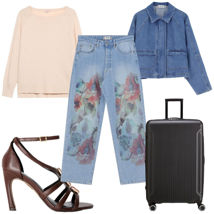 Outfit donna - Total look #2099150. Stile Trendy per Tutti i giorni. Abbinamento con jeans dritti, blazer, sandali gioiello, maglieria, valigie.