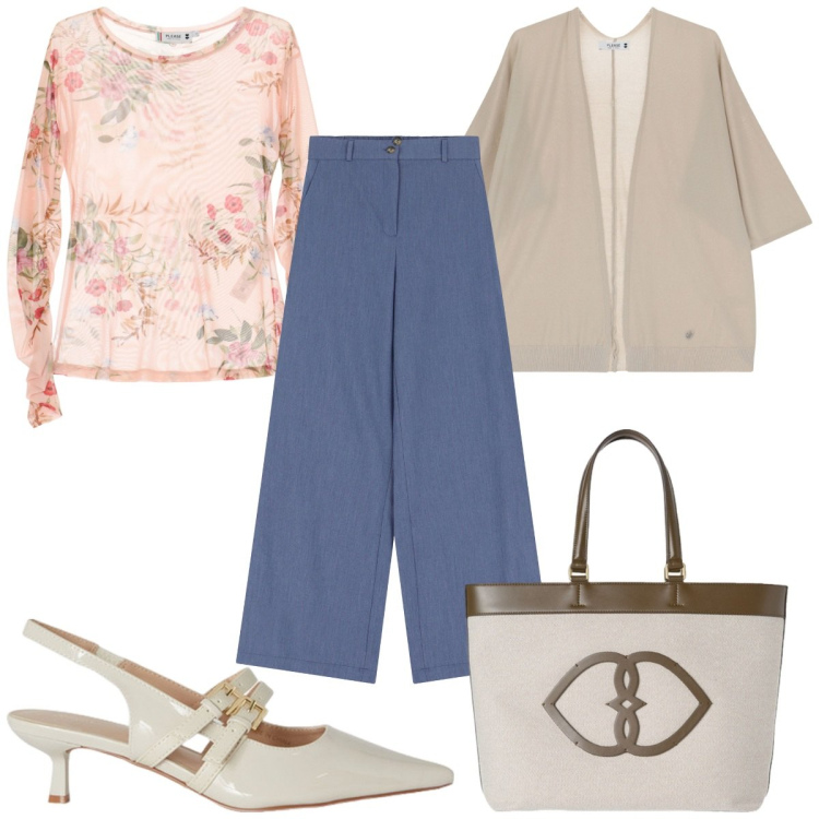 Outfit donna - Total look #2099152. Stile Trendy per Tutti i giorni. Abbinamento con pantaloni, top, cardigans, décolleté, shopping bag.