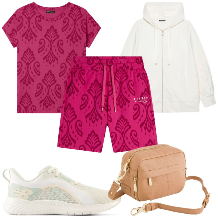 Outfit donna - Total look #2099159. Stile Basic per Sport. Abbinamento con sneakers, felpe con cappuccio, bermuda, t-shirt, borse a tracolla.