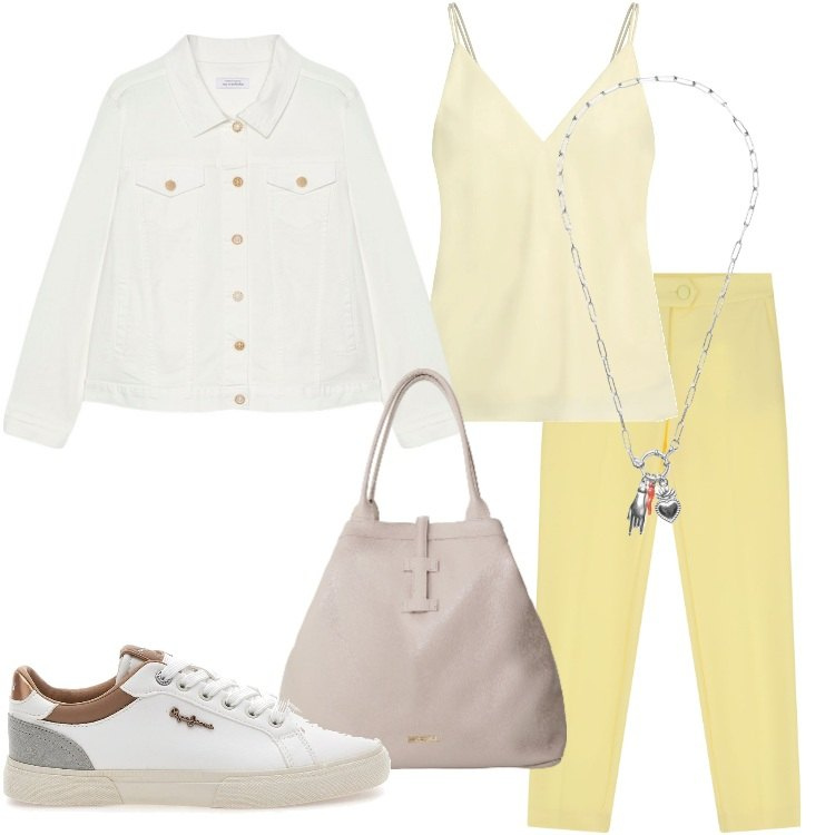 Outfit donna - Giallo burro - @pamela. Stile Trendy per Tutti i giorni. Abbinamento con top, pantaloni, borse tote, ciondoli, sneakers, blazer.