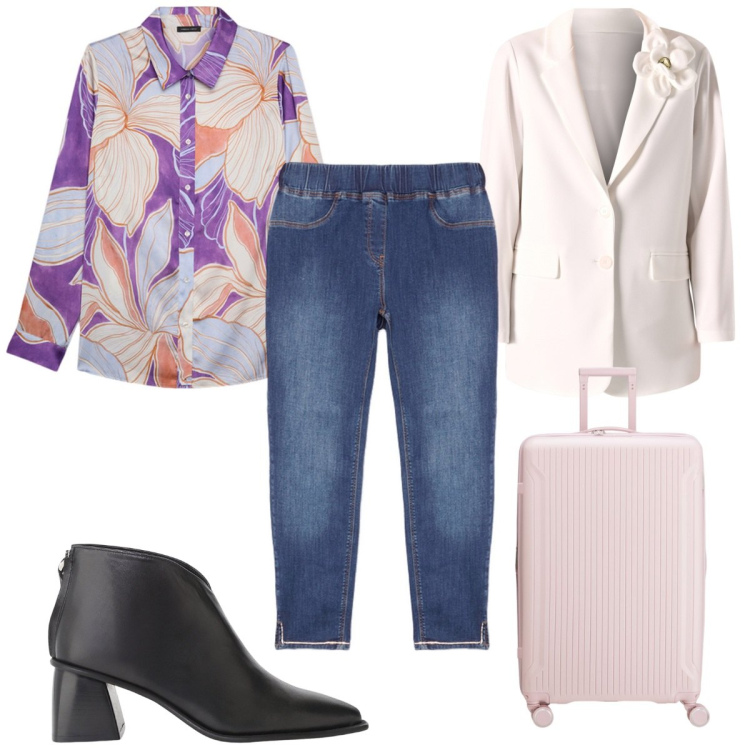 Outfit donna - Total look #2099163. Stile Casual chic per Tutti i giorni. Abbinamento con blazer, stivaletti, camicie, jeggings, valigie.