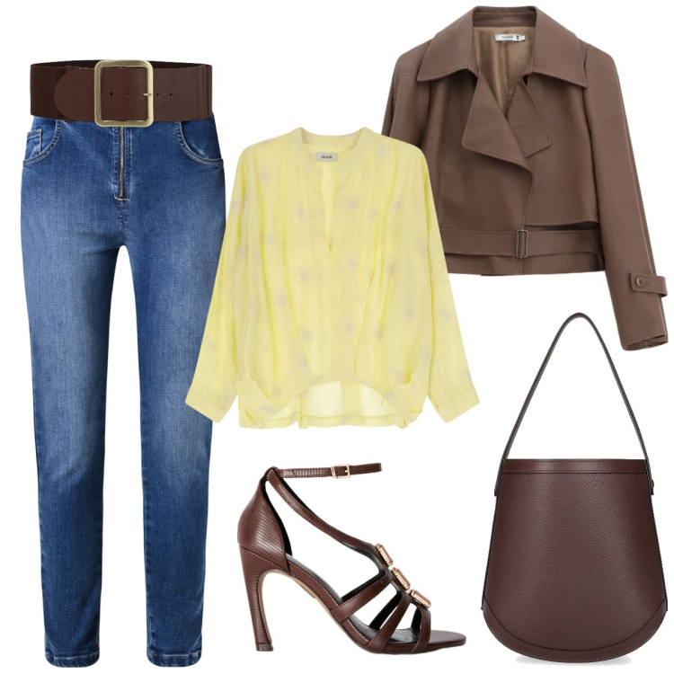 Outfit donna - Gialli e marrone. Stile Glamour per Tutti i giorni. Abbinamento con camicie, cinture, jeans skinny, blazer, borse a mano, sandali gioiello.