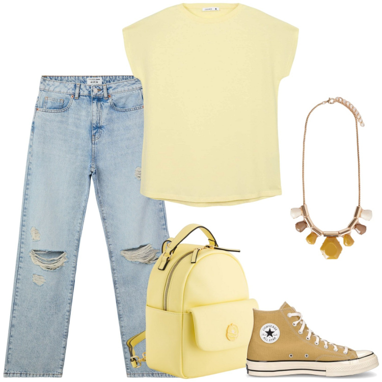 Outfit donna - La t shirt. Stile Basic per Tutti i giorni. Abbinamento con t-shirt, jeans strappati, zaini, sneakers, collane.