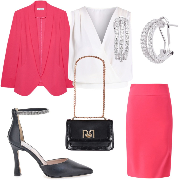 Outfit donna - Tailleur sartoriale -Curvy. Stile Bon Ton per Cerimonia. Abbinamento con orecchini, gonne, top, borse a tracolla, décolleté, blazer.
