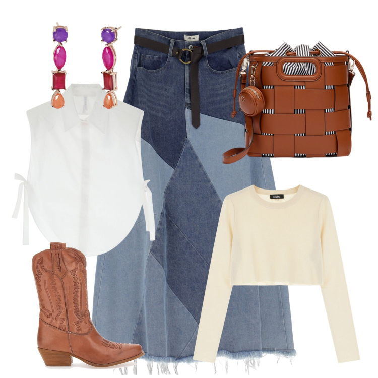 Outfit donna - Country weekend. Stile 70s per Tutti i giorni. look ideale per Tall. Abbinamento con orecchini, camicie, gonne longuette, pullovers, stivaletti, borse a secchiello.