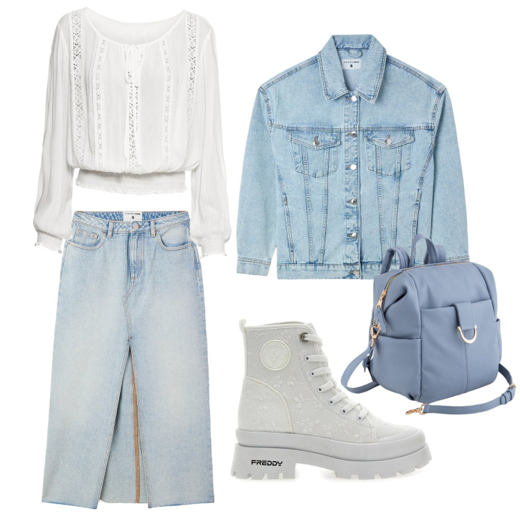 Outfit donna - La gonna di jeans. Stile Casual per Tutti i giorni. Abbinamento con bluse, gonne lunghe, cappotti, stivaletti, zaini.