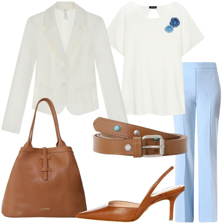 Outfit donna - Tailleur sartoriali per curve eleganti. Stile Romantica per Ufficio. Abbinamento con décolleté, pantaloni, blazer, borse tote, cinture, t-shirt.