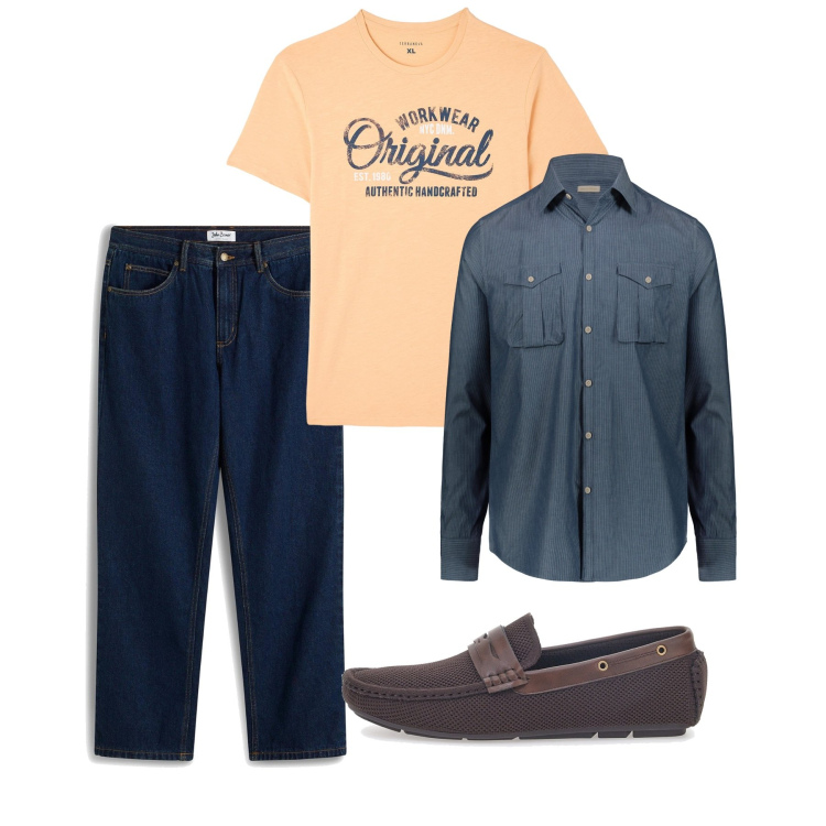 Outfit uomo - Pomeriggio. Stile Casual per Tutti i giorni. Abbinamento con jeans dritti, t-shirt, camicie, scarpe stringate.