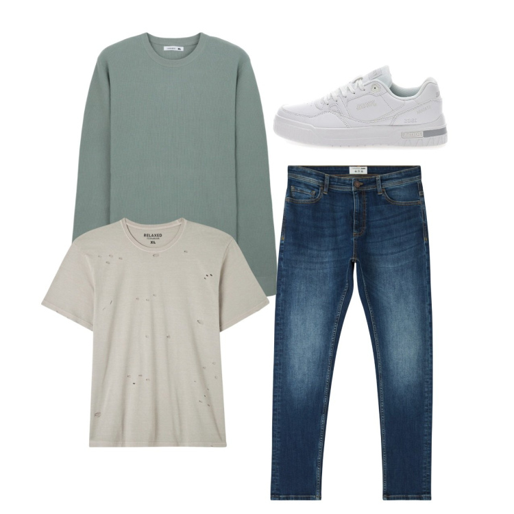 Outfit uomo - Total look. Stile Casual per Tutti i giorni. Abbinamento con t-shirt, jeans skinny, maglieria, sneakers.
