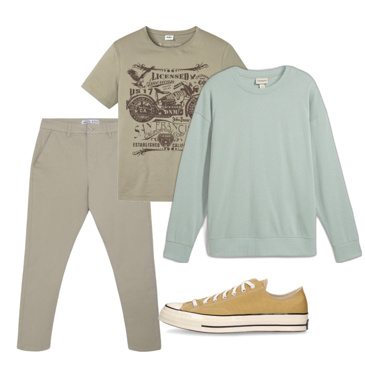 Outfit uomo - Look primaverile. Stile Casual per Tutti i giorni. Abbinamento con t-shirt, felpe, pantaloni chino, sneakers.