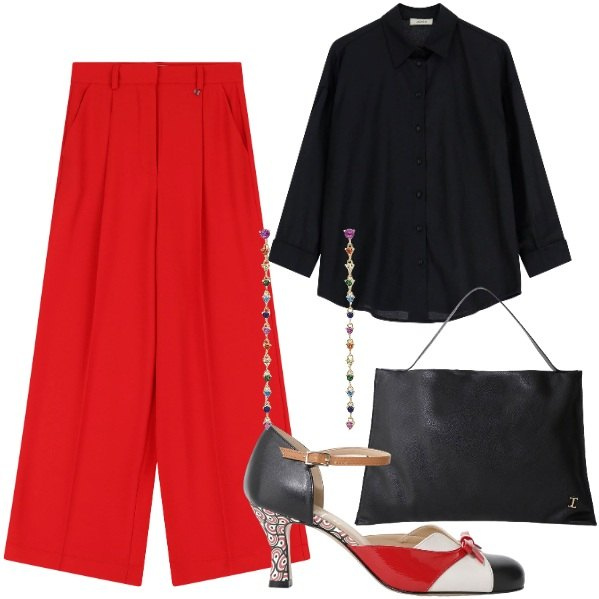 Outfit donna - Mary Jane Obsession. Stile Vintage retrò per Ufficio. Abbinamento con orecchini, borse a spalla, pantaloni a palazzo, camicie, décolleté.