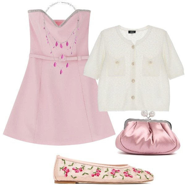 Outfit donna - Ballerine in primavera. Stile Romantica per Cerimonia. Abbinamento con vestiti corti, cardigans, collane, pochette, ballerine.