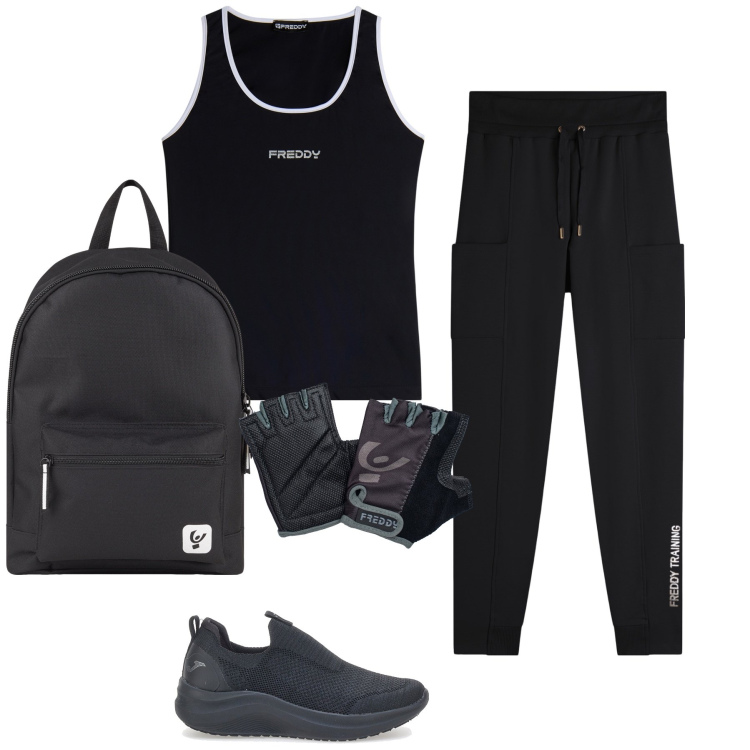 Outfit donna - Freddy sport. Stile Basic per Sport. Abbinamento con pantaloni, zaini, guanti, canottiere, sneakers.