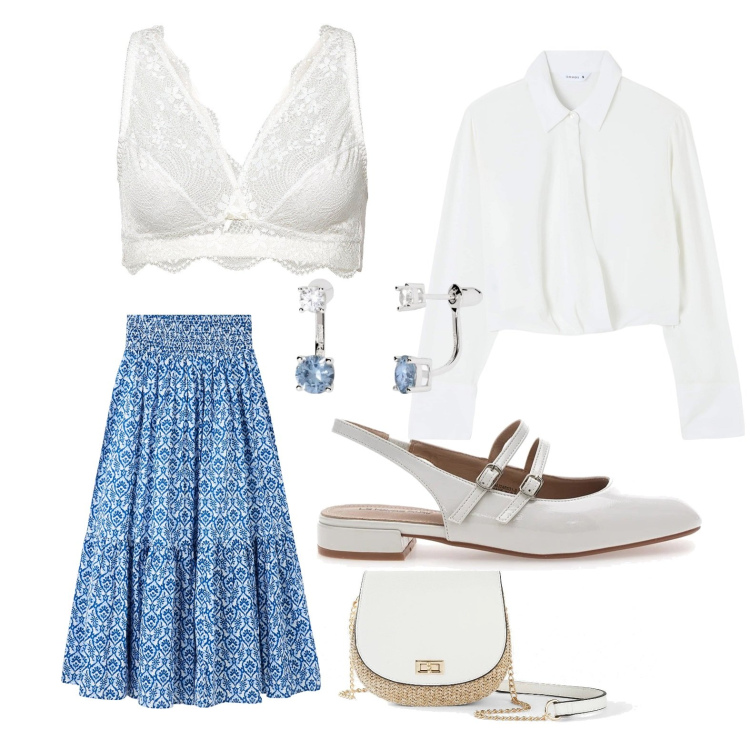 Outfit donna - Bianco e celeste. Stile Romantica per Tutti i giorni. Abbinamento con bralette, borse a tracolla, bluse, gonne lunghe, orecchini, ballerine.