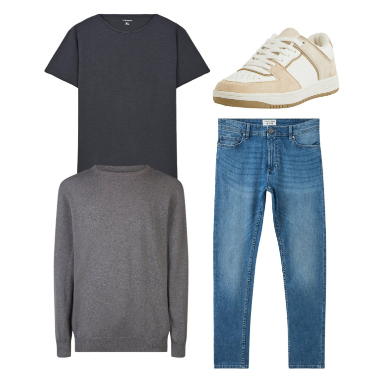 Outfit uomo - Total look. Stile Casual per Tutti i giorni. Abbinamento con jeans skinny, sneakers, t-shirt, maglieria.