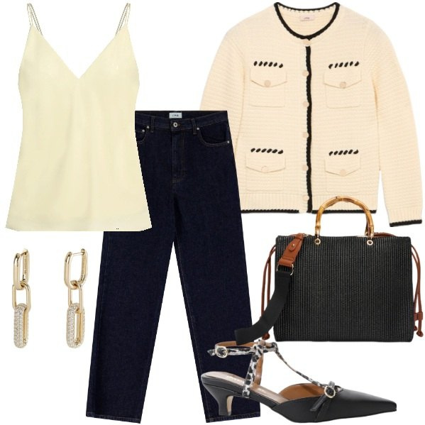 Outfit donna - Giallo burro. Stile Casual chic per Ufficio. Abbinamento con top, orecchini, décolleté, jeans dritti, borse a mano, cardigans.