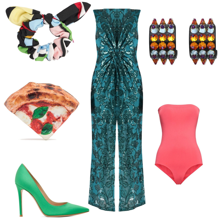 Outfit donna - Mitici anni ottanta. Stile Vintage retrò per Serata fuori. Abbinamento con orecchini, vestiti lunghi, body, décolleté, accessori per capelli, pochette.