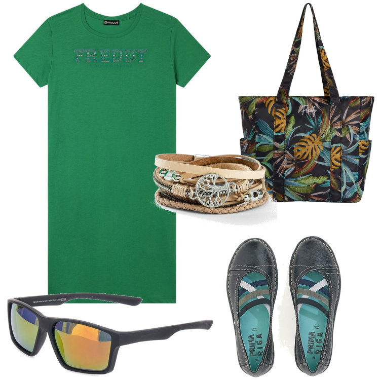 Outfit donna - Al giardinetto. Stile Casual per Tutti i giorni. Abbinamento con braccialetti, shopping bag, vestiti, ballerine, occhiali da sole.