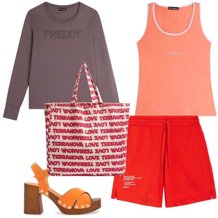 Outfit donna - Al mare con Freddy. Stile Trendy per Mare. Abbinamento con borse tote, canottiere, felpe, pantaloni corti, zoccoli.