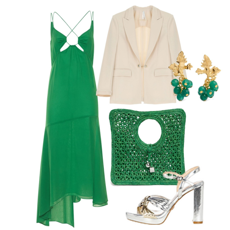 Outfit donna - Damigella smeraldo. Stile Glamour per Cerimonia. Abbinamento con sandali in pelle, blazer, vestiti midi/longuette, shopping bag, orecchini.