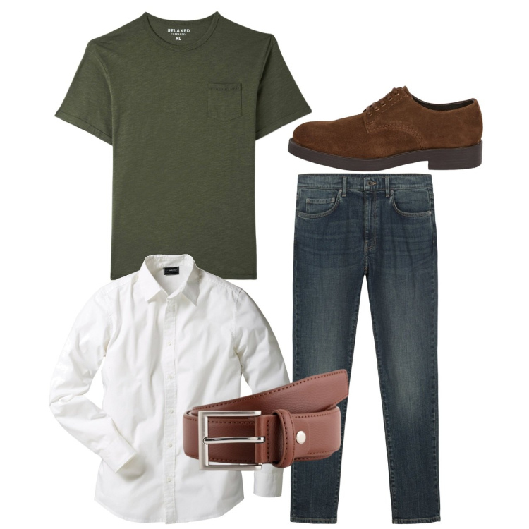 Outfit uomo - City. Stile Casual per Tutti i giorni. Abbinamento con camicie, t-shirt, scarpe stringate, cinture, jeans.