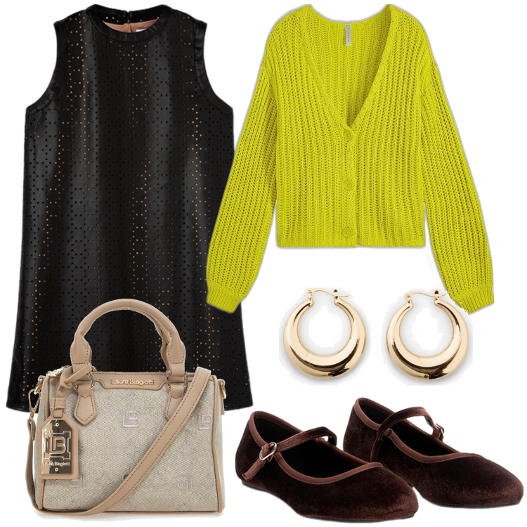 Outfit donna - Il golfino fluo. Stile Trendy per Tutti i giorni. Abbinamento con cardigans, orecchini, borse a tracolla, vestiti a tubino, ballerine.