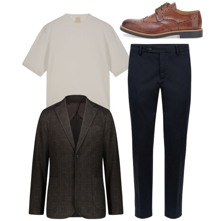 Outfit uomo - In giacca e tshirt. Stile Casual per Tutti i giorni. Abbinamento con giacche, t-shirt, scarpe stringate, pantaloni chino.